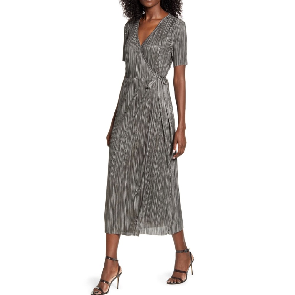 All In Favor Metallic Pleated Midi Dress